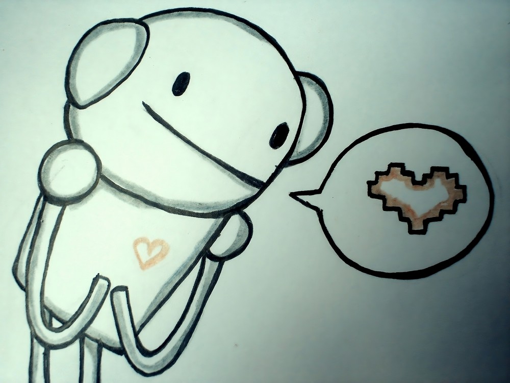 Drawing of robot with a heart symbol in a speech bubble
