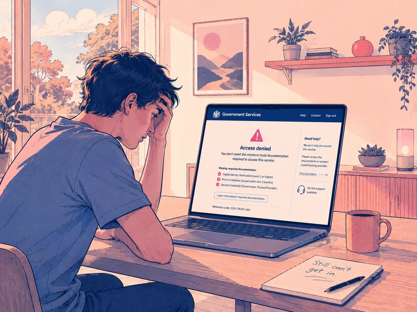 An illustration of a person unable to access a needed government
service via their laptop