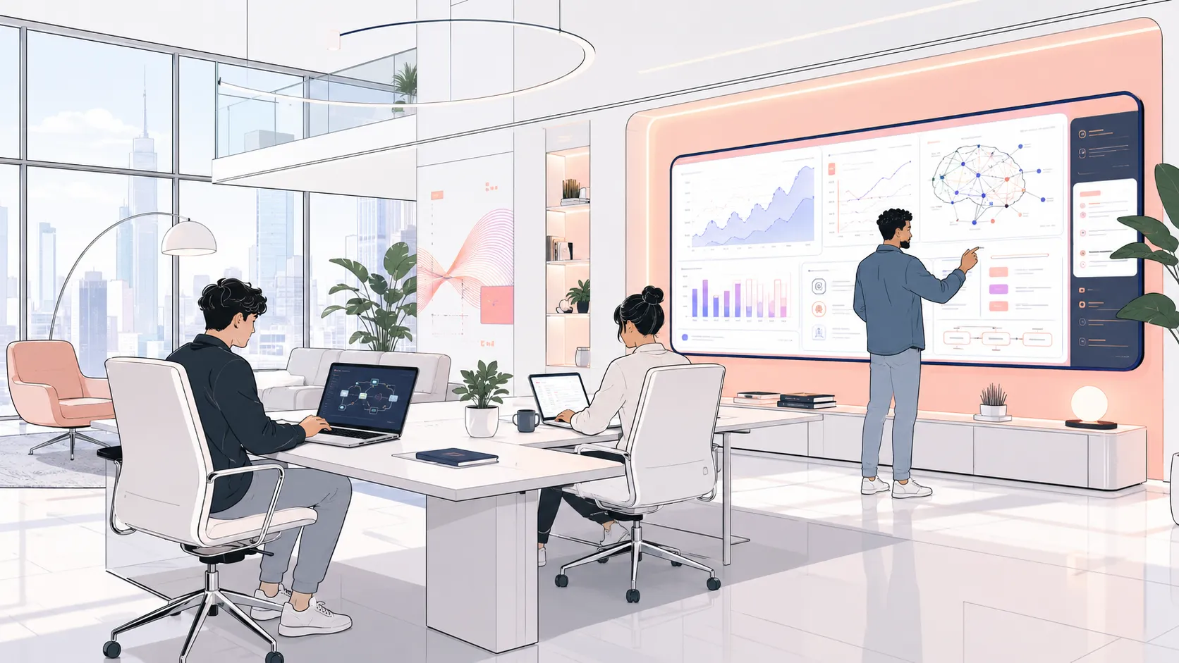 Illustration of a small team interacting with
screens