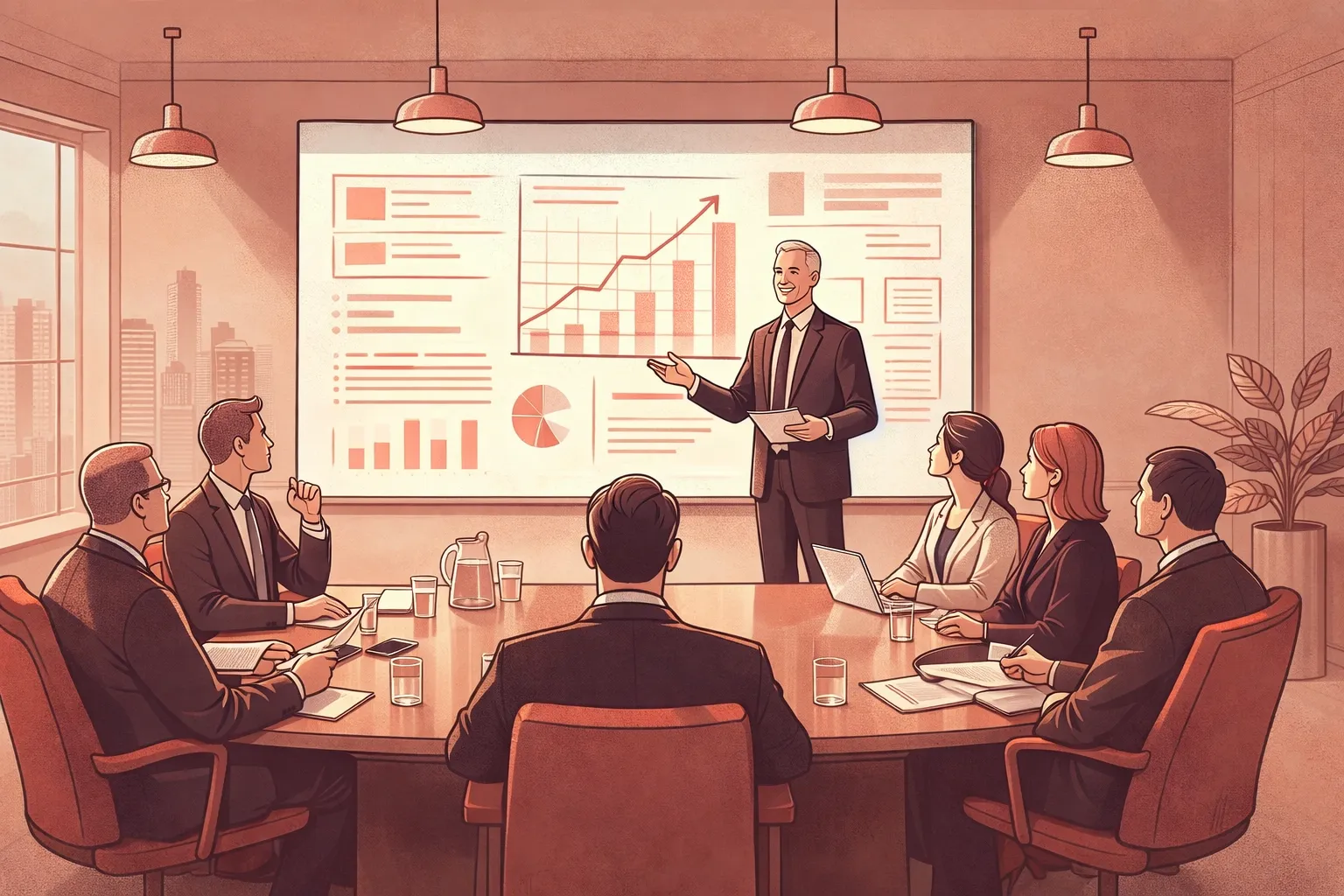 An illustration of a not very diverse board meeting