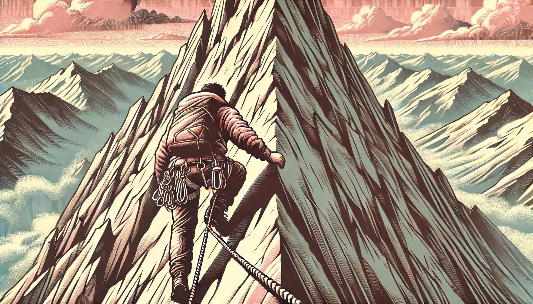 A mountain climber ascends a perilous mountain
