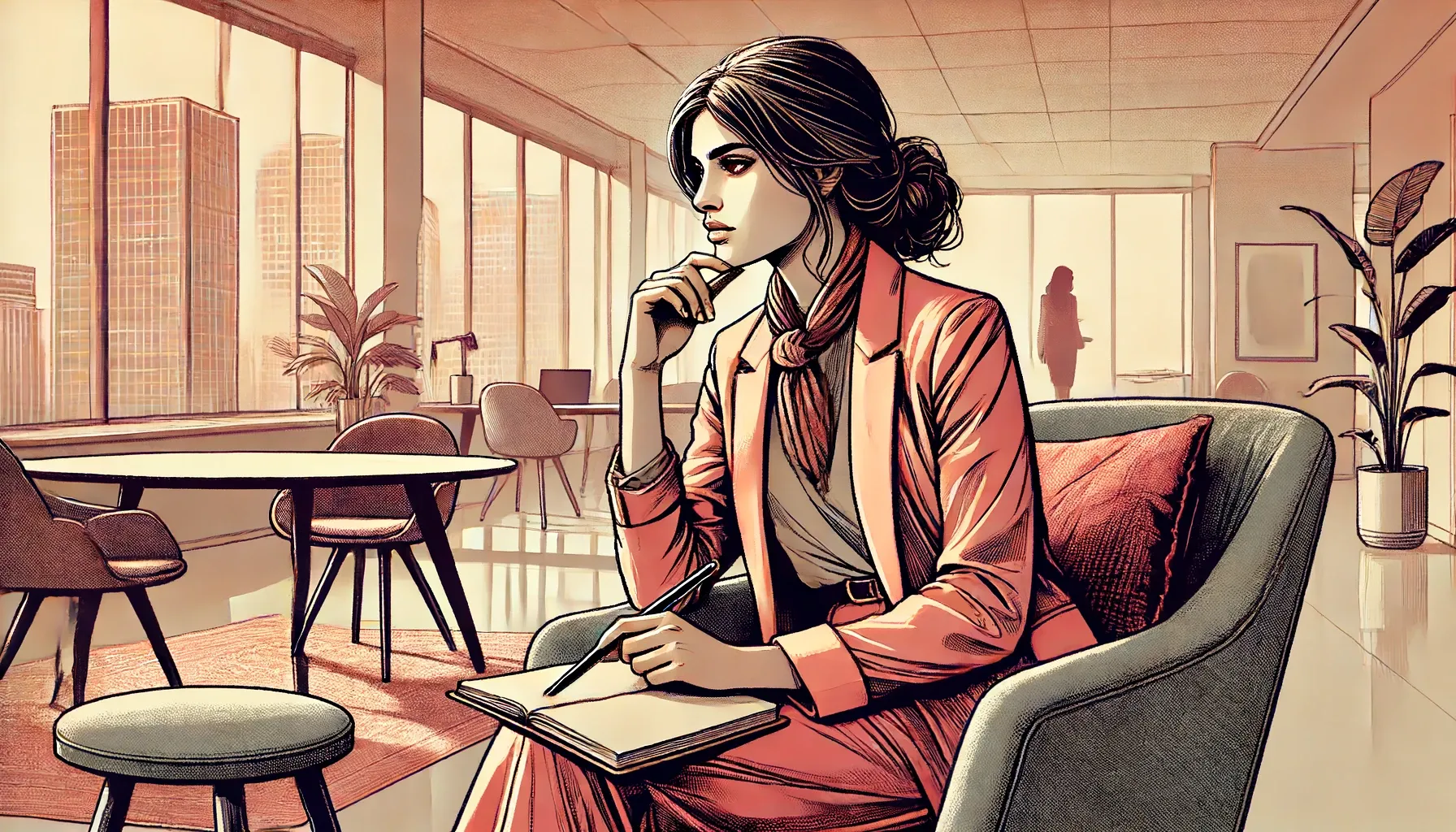 A woman sits in a chair with a notebook
contemplating