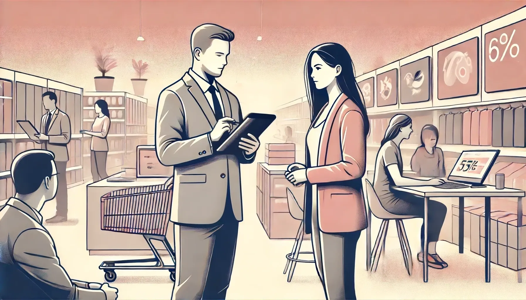 A retail worker conducts a survey with a
customer