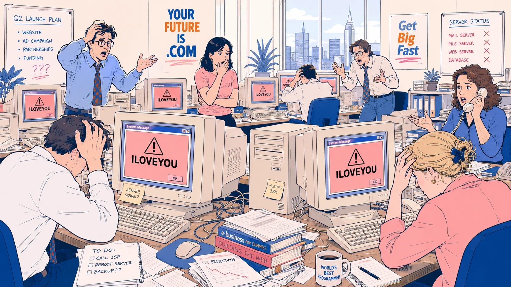 Illustration of dotcom era office struggling to contain the ILOVEYOU
virus