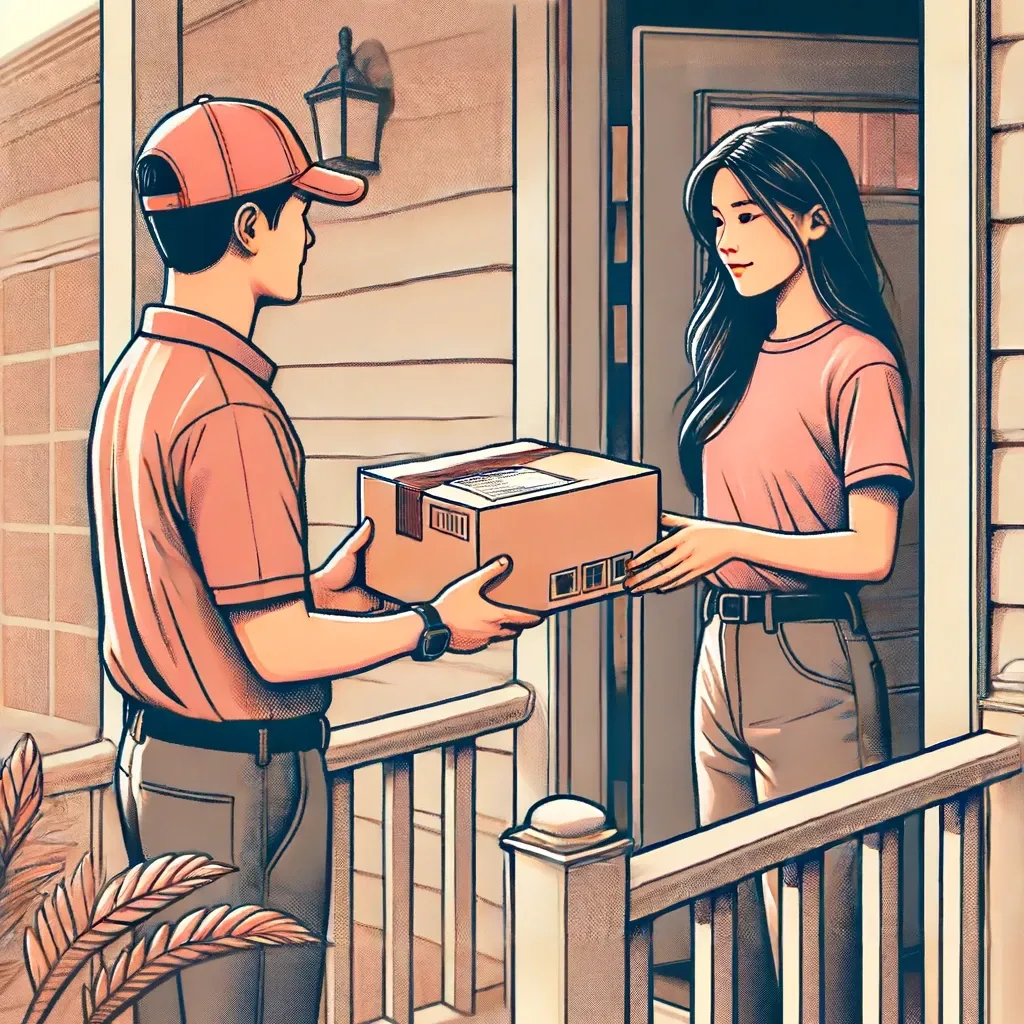 A home setting with a delivery man handing a box to a customer