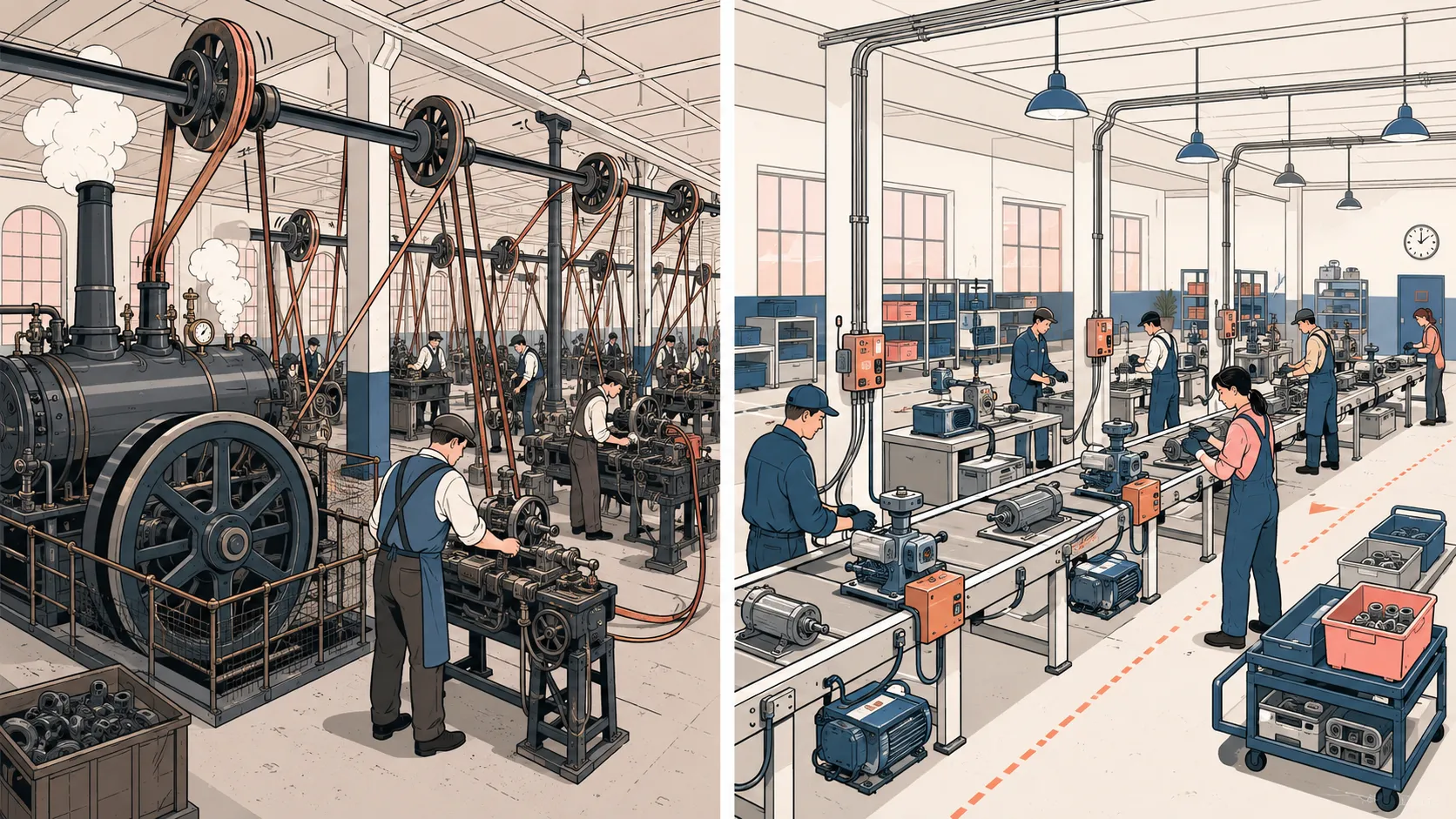 Illustration of a workshop before and after
electrification