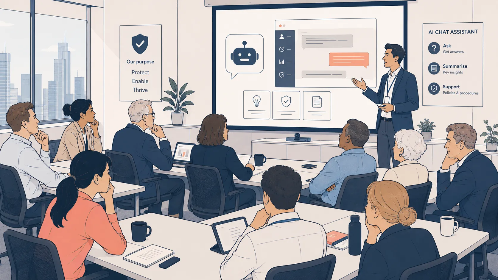 An illustration of a group of people in a training
session