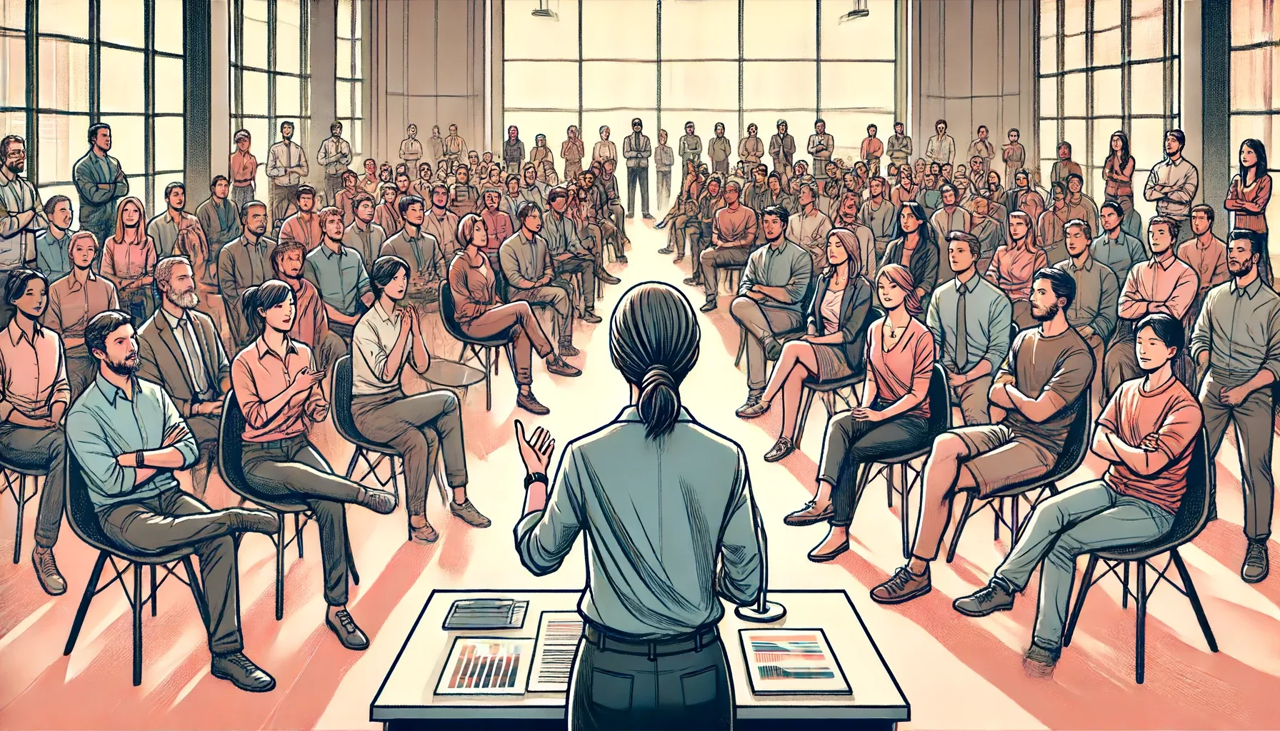 A female leader stands in front of her extended
team