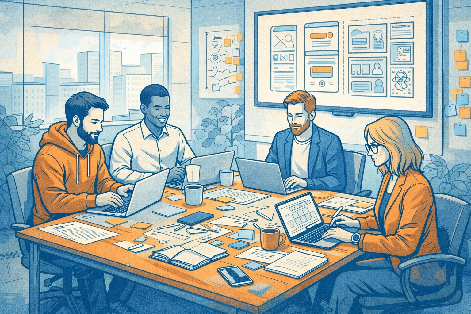 Illustration of a team building software together