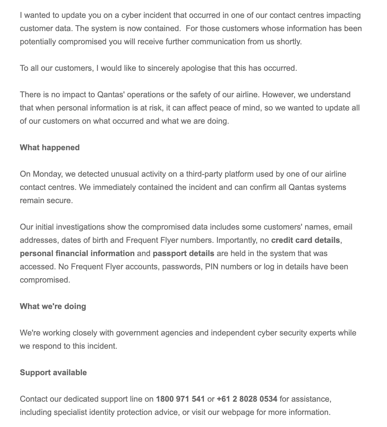 Email from Qantas about the breach