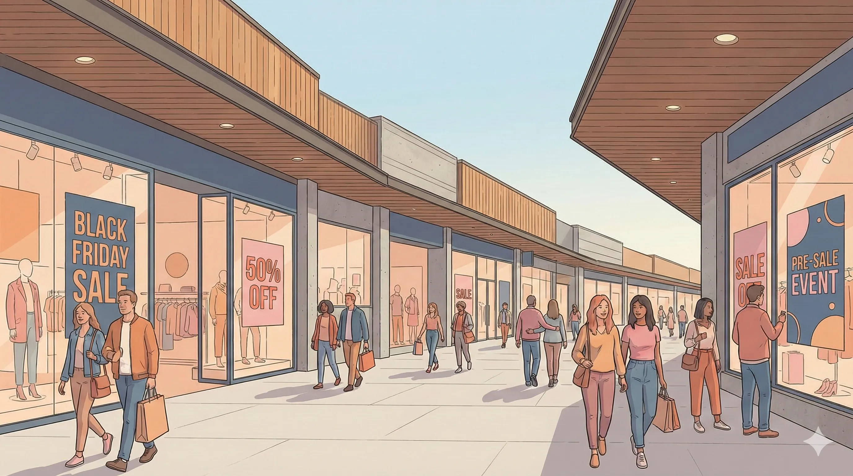 Illustration of a shopping mall with crowds and
discount signs