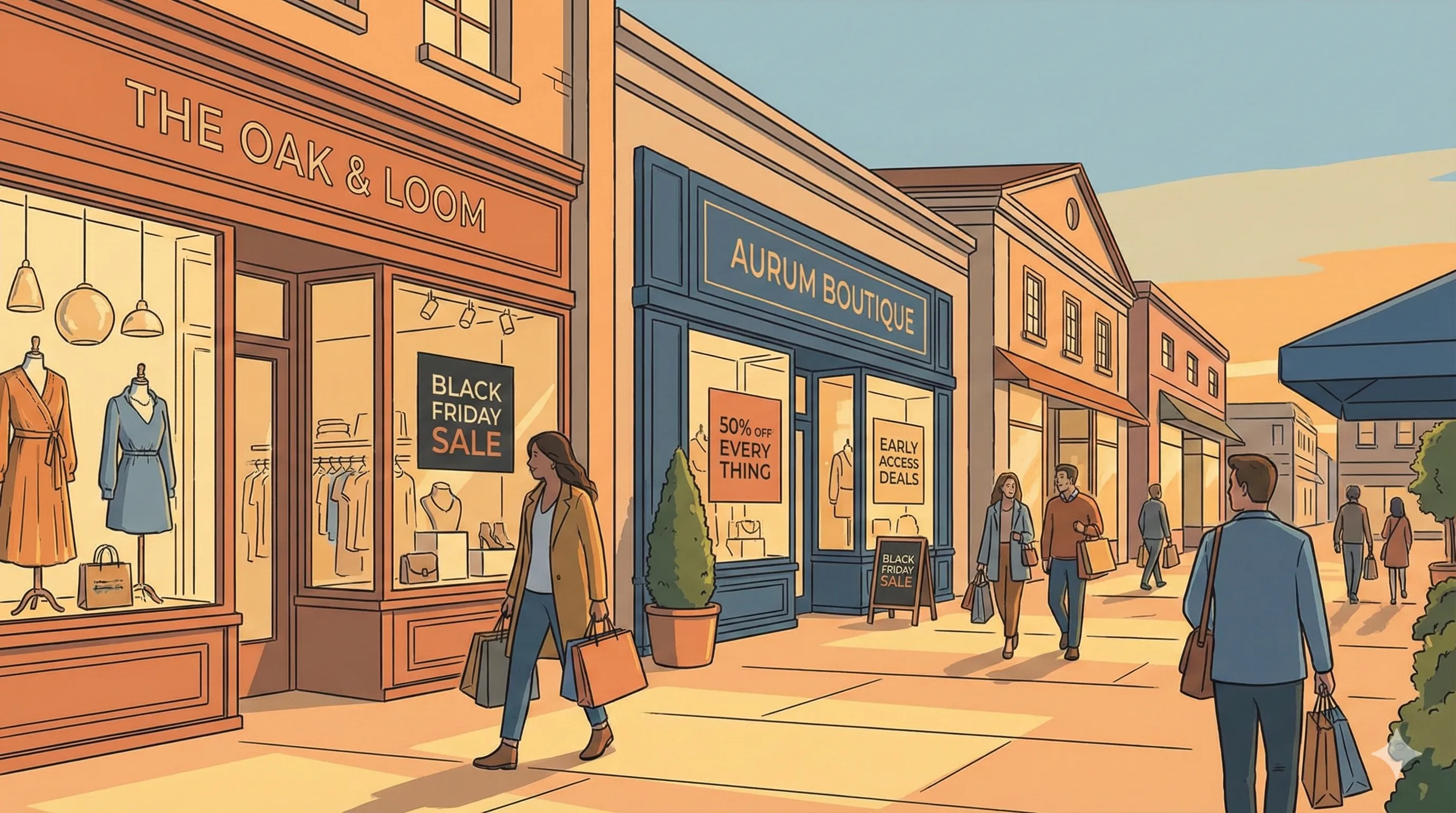 Illustration of a shopping mall with discount
signs