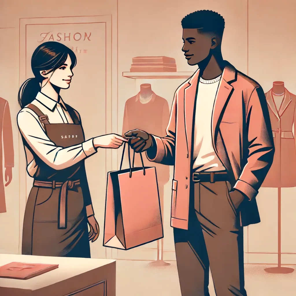 A retail setting with a staff member handing a bag to a customer