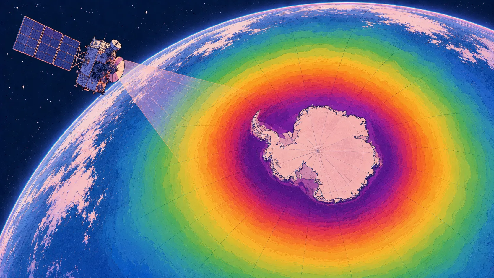 Illustration of a satellite observing the ozone layer over
Antarctica
