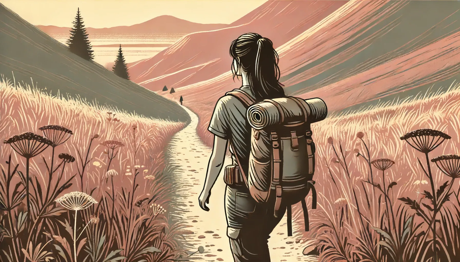 A woman hikes along a valley
path