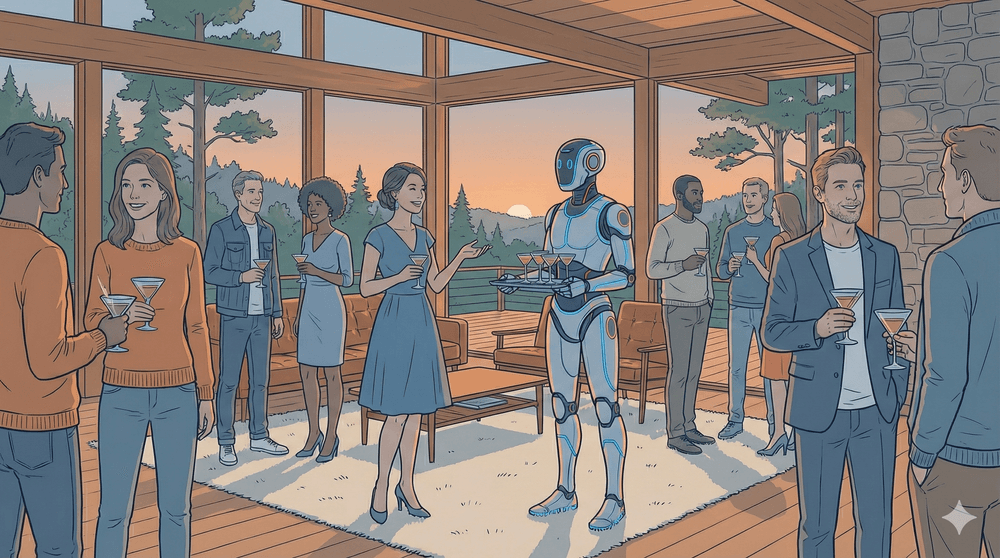 Illustration of a soiree where a robot serves