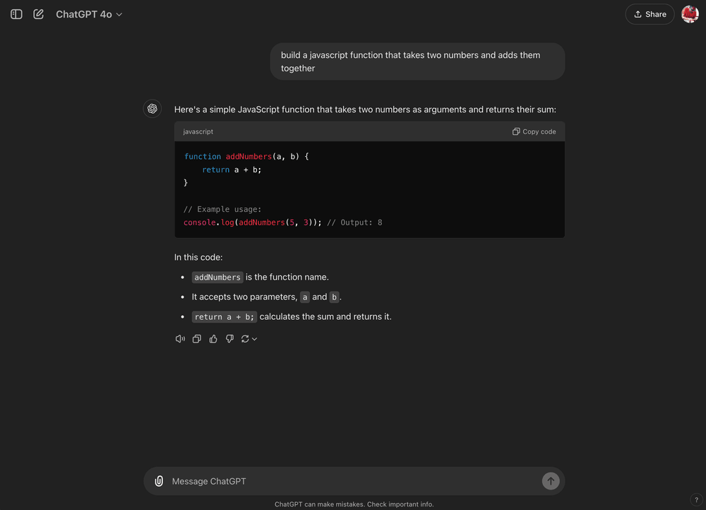 Asking ChatGPT to make a function to add two
numbers together