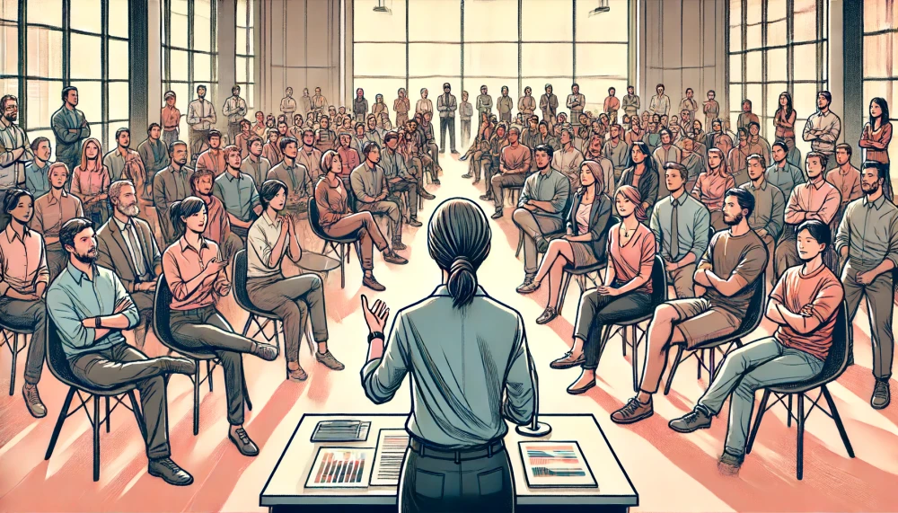 A female leader stands in front of her extended
team
