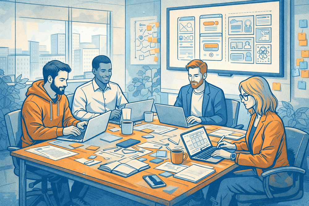 Illustration of a team building software together