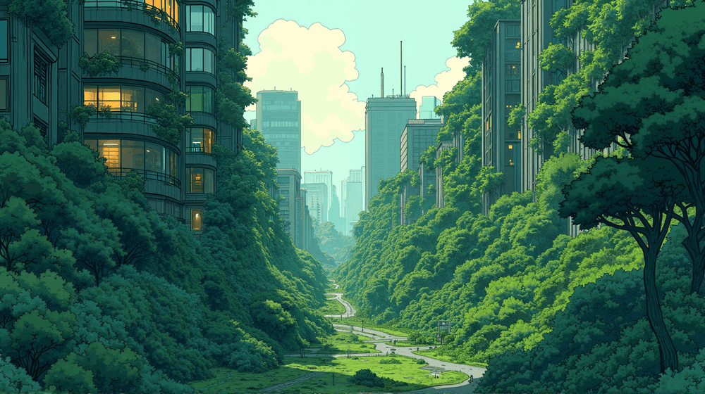 An illustration of an overgrown cityscape