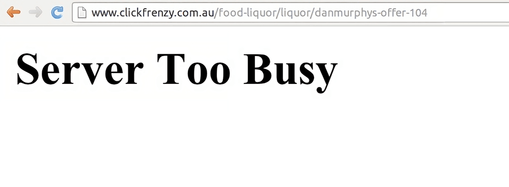 A screenshot of webpage with an error 'Server too busy'