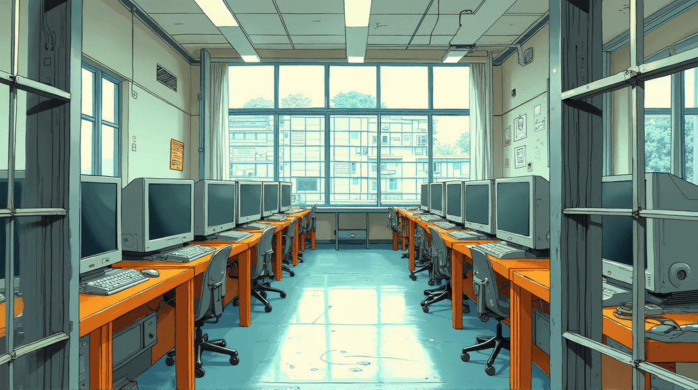 An illustration of a computer lab with old PCs
in it