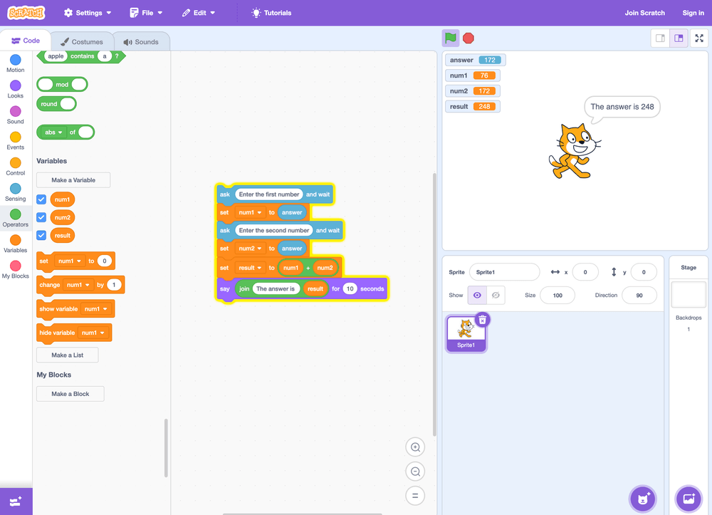 Using Scratch to add two numbers together