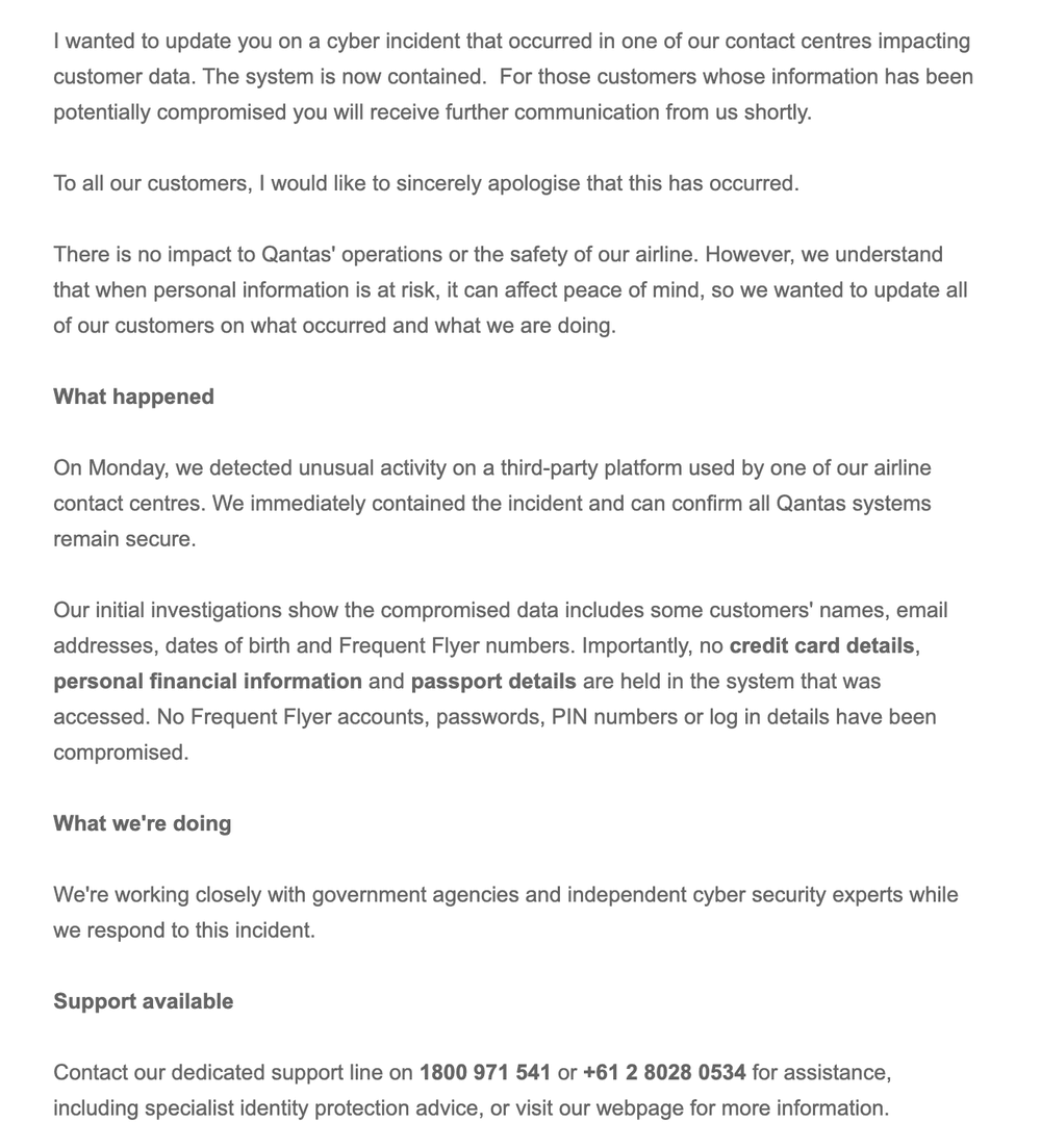 Email from Qantas about the breach